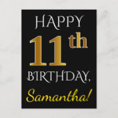 Zwart, Faux Gold 11e verjaardag + Aangepaste naam Briefkaart (Voorkant)