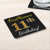 Zwart, Faux Gold 11e verjaardag + Aangepaste naam Kartonnen Onderzetters (Schuin)