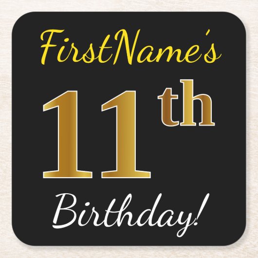 Zwart, Faux Gold 11e verjaardag + Aangepaste naam Kartonnen Onderzetters (Voorkant)