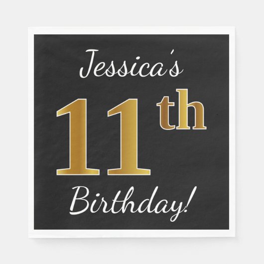 Zwart, Faux Gold 11e verjaardag + Aangepaste naam Servet (Voorkant)