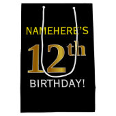 Zwart, Faux Gold 12e verjaardag + Aangepaste naam Medium Cadeauzakje (Achterkant)