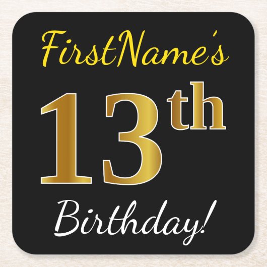 Zwart, Faux Gold 13th Birthday + Eigen naam Kartonnen Onderzetters (Voorkant)