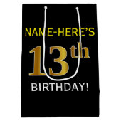 Zwart, Faux Gold 13th Birthday + Eigen naam Medium Cadeauzakje (Achterkant)