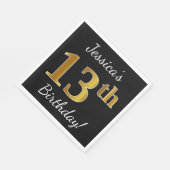 Zwart, Faux Gold 13th Birthday + Eigen naam Servet (Hoek)