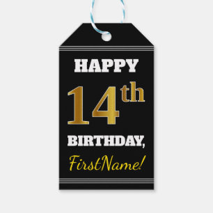 Zwart, Faux Gold 14th Birthday + Eigen naam Cadeaulabel