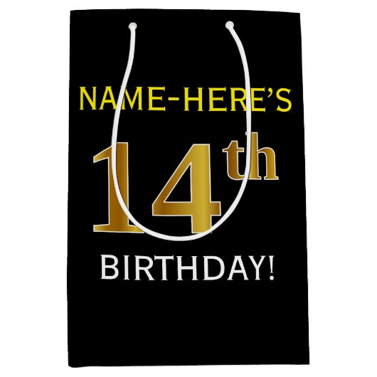 Zwart, Faux Gold 14th Birthday + Eigen naam Medium Cadeauzakje (Voorkant)