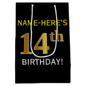 Zwart, Faux Gold 14th Birthday + Eigen naam Medium Cadeauzakje (Achterkant)