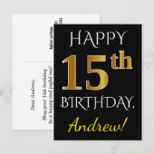 Zwart, Faux Gold 15th Birthday + Eigen naam Briefkaart (Voorkant / Achterkant)