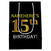 Zwart, Faux Gold 15th Birthday + Eigen naam Medium Cadeauzakje (Achterkant)