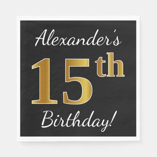 Zwart, Faux Gold 15th Birthday + Eigen naam Servetten (Voorkant)