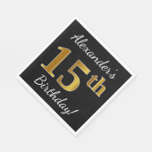 Zwart, Faux Gold 15th Birthday + Eigen naam Servetten (Hoek)