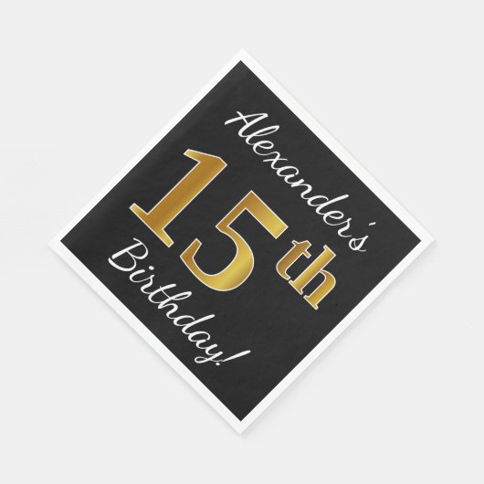 Zwart, Faux Gold 15th Birthday + Eigen naam Servetten (Hoek)
