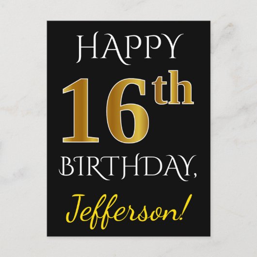 Zwart, Faux Gold 16e verjaardag + Aangepaste naam Briefkaart (Voorkant)