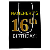 Zwart, Faux Gold 16e verjaardag + Aangepaste naam Medium Cadeauzakje (Achterkant)