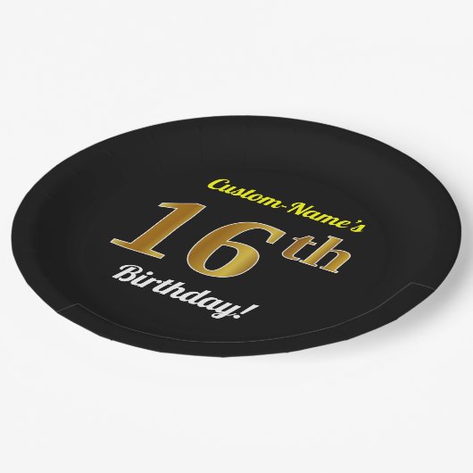 Zwart, Faux Gold 16e verjaardag + Aangepaste naam Papieren Bordje (Gekanteld)