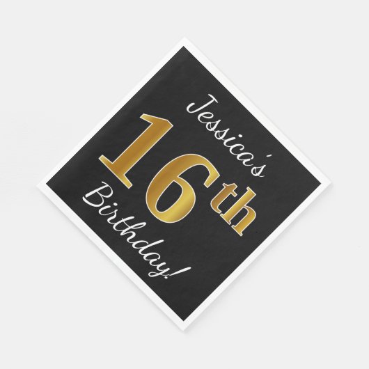 Zwart, Faux Gold 16e verjaardag + Aangepaste naam Servet (Hoek)