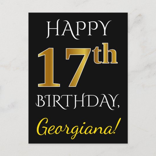 Zwart, Faux Gold 17e verjaardag + Aangepaste naam Briefkaart (Voorkant)