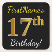 Zwart, Faux Gold 17e verjaardag + Aangepaste naam Kartonnen Onderzetters (Voorkant)