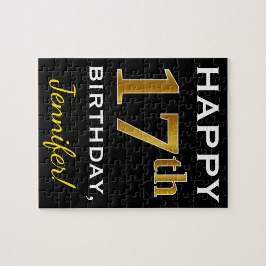 Zwart, Faux Gold 17e verjaardag + Aangepaste naam Legpuzzel (Horizontaal)