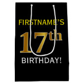 Zwart, Faux Gold 17e verjaardag + Aangepaste naam Medium Cadeauzakje (Achterkant)
