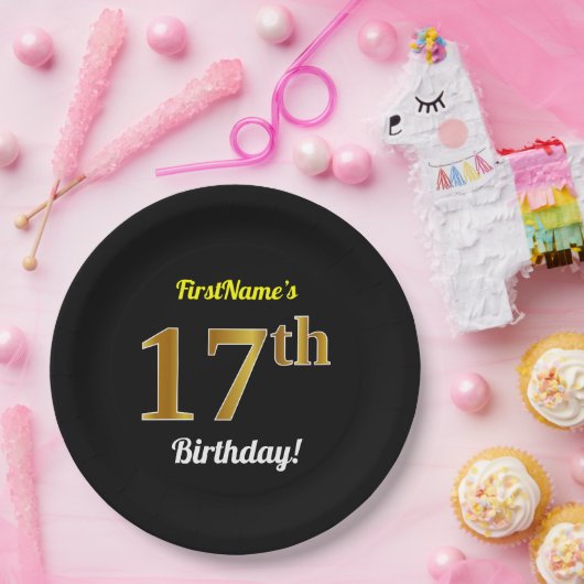Zwart, Faux Gold 17e verjaardag + Aangepaste naam Papieren Bordje (Feest)