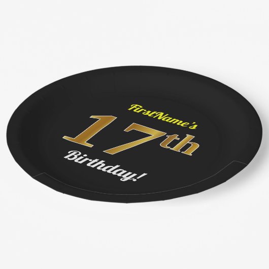 Zwart, Faux Gold 17e verjaardag + Aangepaste naam Papieren Bordje (Gekanteld)