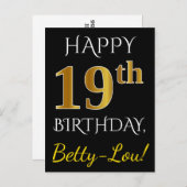 Zwart, Faux Gold 19th Birthday + Eigen naam Briefkaart (Voorkant / Achterkant)