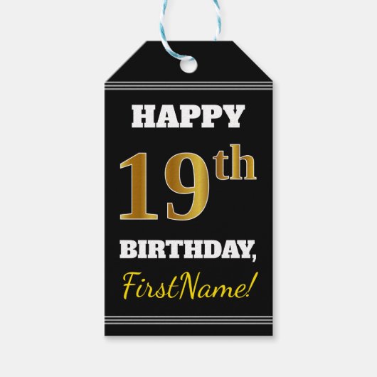 Zwart, Faux Gold 19th Birthday + Eigen naam Cadeaulabel (Voorkant)