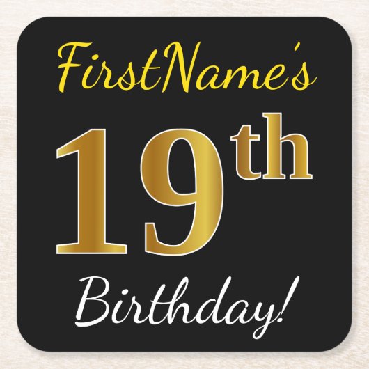 Zwart, Faux Gold 19th Birthday + Eigen naam Kartonnen Onderzetters (Voorkant)