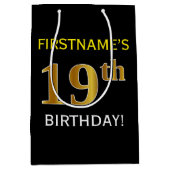 Zwart, Faux Gold 19th Birthday + Eigen naam Medium Cadeauzakje (Voorkant)