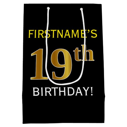 Zwart, Faux Gold 19th Birthday + Eigen naam Medium Cadeauzakje (Achterkant)