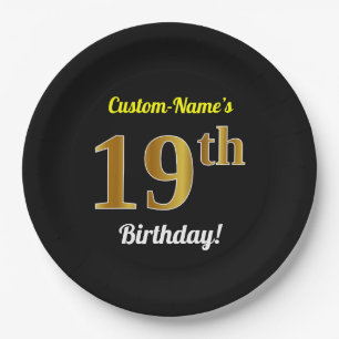 Zwart, Faux Gold 19th Birthday + Eigen naam Papieren Bordje