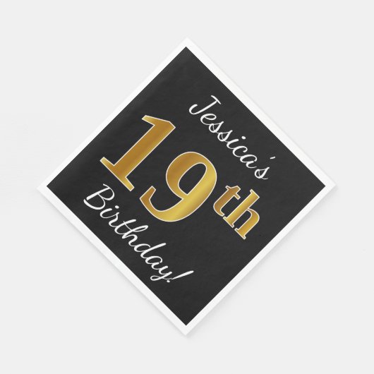 Zwart, Faux Gold 19th Birthday + Eigen naam Servetten (Hoek)
