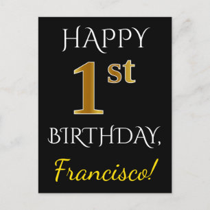Zwart, Faux Gold 1st Birthday + Aangepaste naam Briefkaart