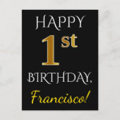Zwart, Faux Gold 1st Birthday + Aangepaste naam Briefkaart (Voorkant)