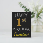 Zwart, Faux Gold 1st Birthday + Aangepaste naam Briefkaart (Staand voorkant)