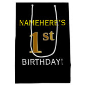Zwart, Faux Gold 1st Birthday + Aangepaste naam Medium Cadeauzakje (Achterkant)
