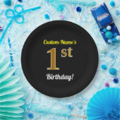 Zwart, Faux Gold 1st Birthday + Aangepaste naam Papieren Bordje (Feest)