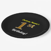 Zwart, Faux Gold 1st Birthday + Aangepaste naam Papieren Bordje (Gekanteld)