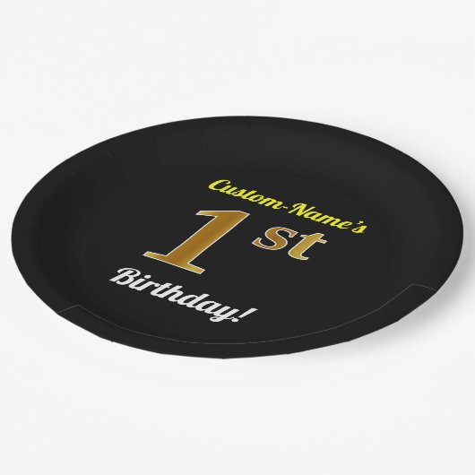 Zwart, Faux Gold 1st Birthday + Aangepaste naam Papieren Bordje (Gekanteld)