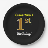 Zwart, Faux Gold 1st Birthday + Aangepaste naam Papieren Bordje (Voorkant)