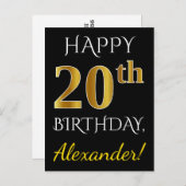 Zwart, Faux Gold 20th Birthday + Aangepaste naam Briefkaart (Voorkant / Achterkant)