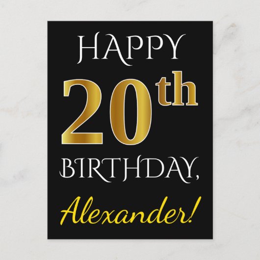 Zwart, Faux Gold 20th Birthday + Aangepaste naam Briefkaart (Voorkant)