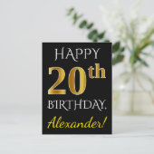 Zwart, Faux Gold 20th Birthday + Aangepaste naam Briefkaart (Staand voorkant)