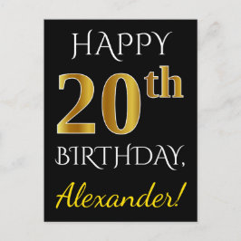 Zwart, Faux Gold 20th Birthday + Aangepaste naam Briefkaart