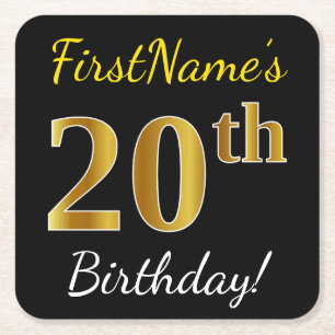 Zwart, Faux Gold 20th Birthday + Aangepaste naam Kartonnen Onderzetters