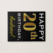 Zwart, Faux Gold 20th Birthday + Aangepaste naam Legpuzzel (Horizontaal)