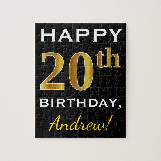 Zwart, Faux Gold 20th Birthday + Aangepaste naam Legpuzzel (Verticaal)