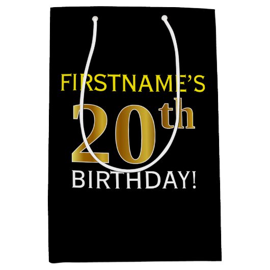 Zwart, Faux Gold 20th Birthday + Aangepaste naam Medium Cadeauzakje (Voorkant)