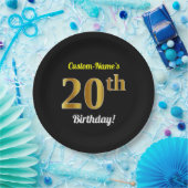 Zwart, Faux Gold 20th Birthday + Aangepaste naam Papieren Bordje (Feest)